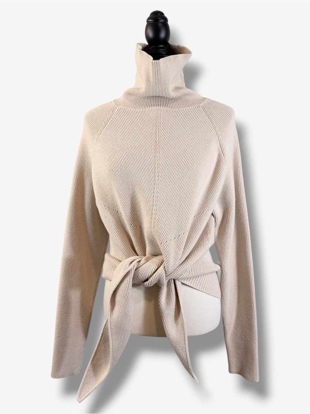 Lovers + Friends Skye Blush Front Tie Turtleneck Sweater XL Ribbed Knit Neutral